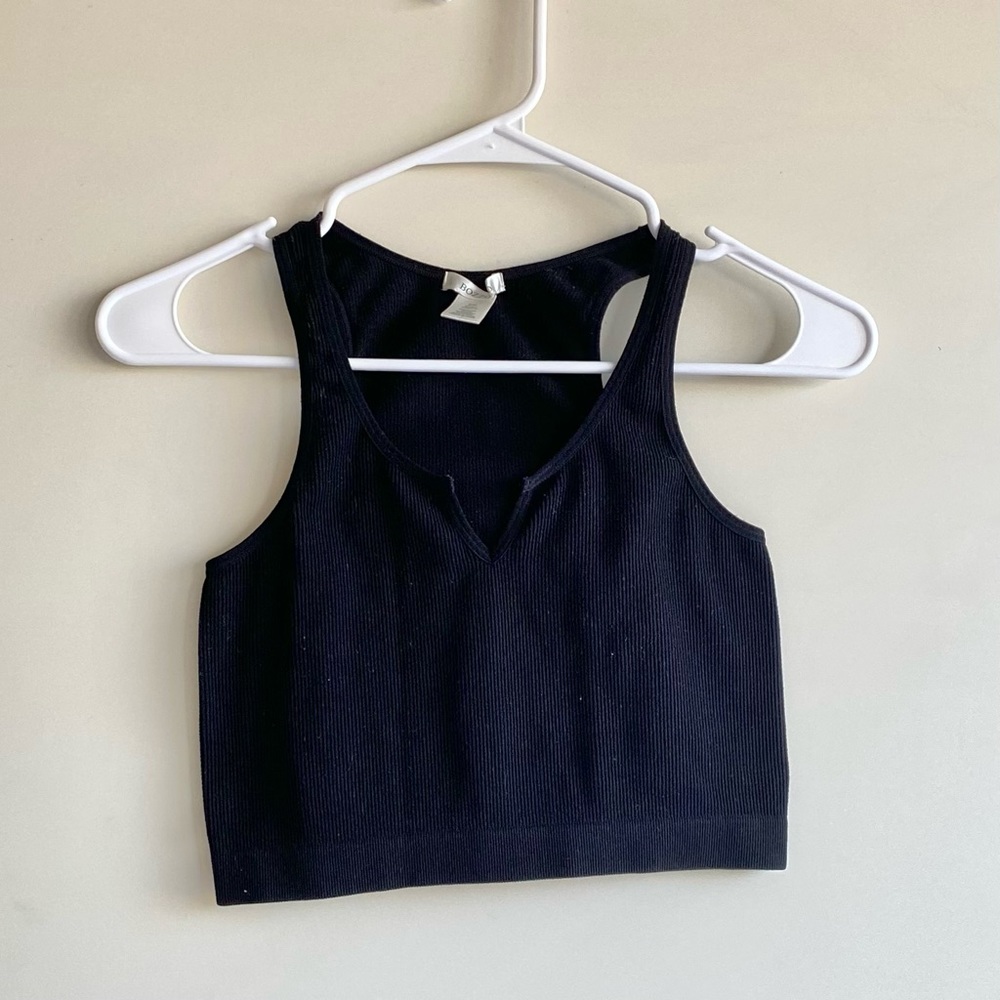 Bozzolo Black Ribbed Notch Neck Cropped Tank Top - Size S/M